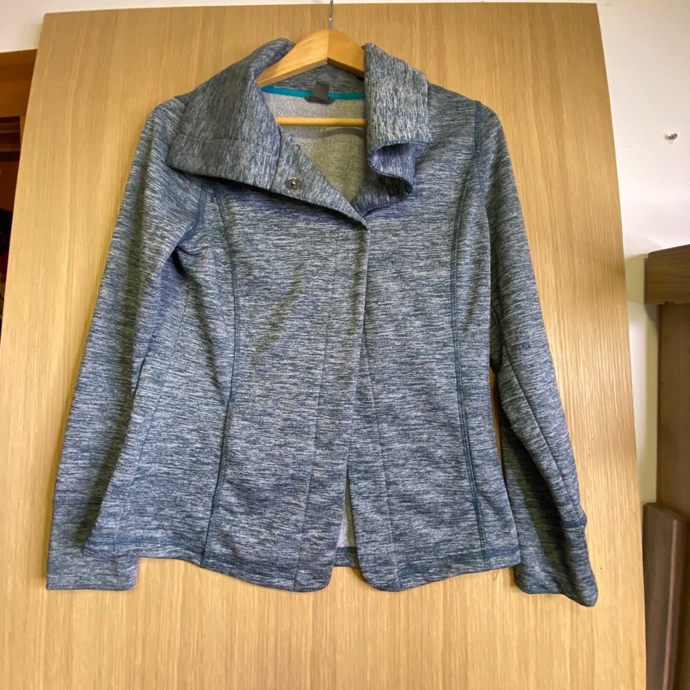 Athleta Women Medium Jacket Blue Space Dye Asymmetrical Snap Front Peplum Back